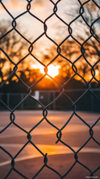Basketball court viewed through a chainlink fence during golden hour.