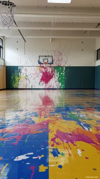 Basketball court with colorful paint splashes across the floor.