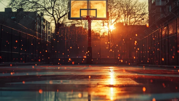 Basketball desktop 4K background with urban street court and sunrise glow.