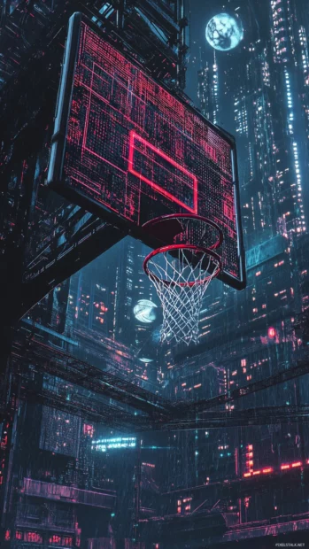 Basketball flies through cyberpunk styled digital backboard.
