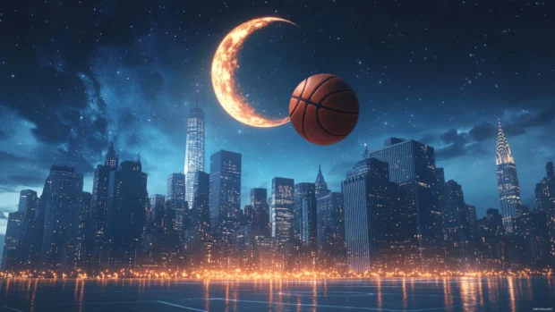 Basketball floating above a city skyline court under a crescent moon.