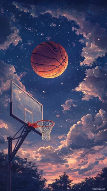 Basketball flying toward hoop under dreamy twilight sky.