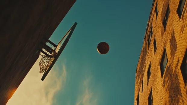 Basketball flying toward the hoop in an intense one on one moment.