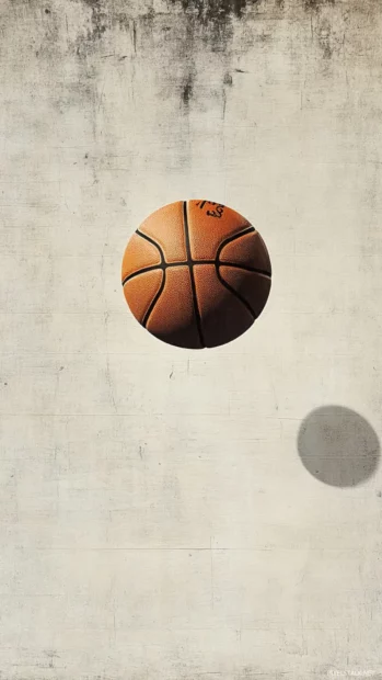 Basketball frozen in air above minimal court lines and cool shadows.