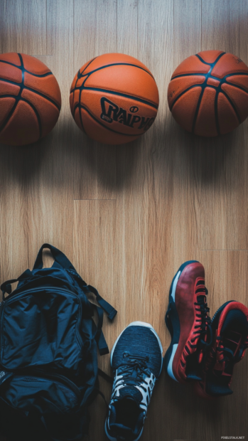 Basketball gear laid out on gym floor before match.