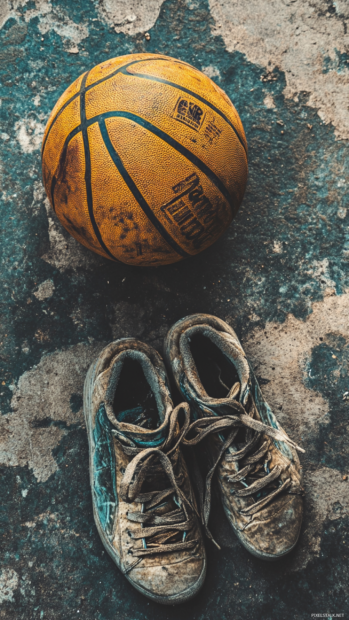 Basketball gloves and shoes scattered beside old dusty ball.