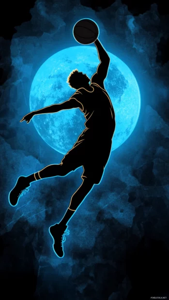 Basketball hero silhouette leaping over defenders with glowing outline.
