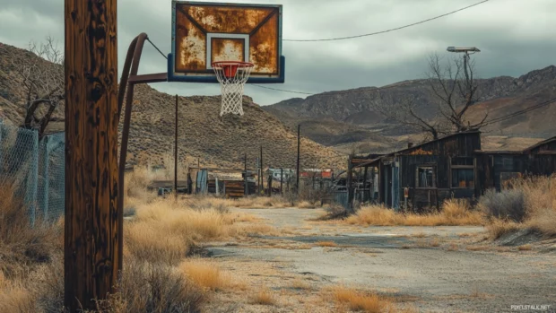 Basketball hoop hanging from a rusty pole in a ghost town.