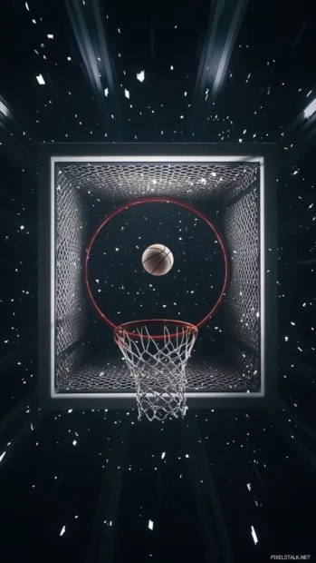 Basketball hoop viewed from below as ball spins toward the net.