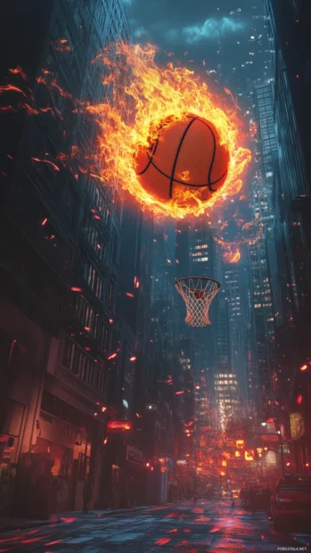 Basketball in flames flying through night sky urban landscape.