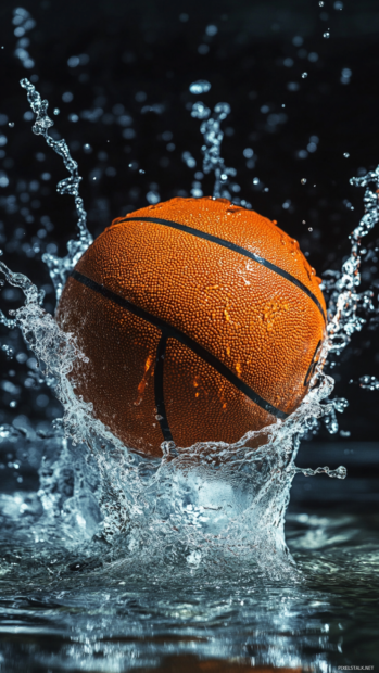 Basketball in splash of water for energetic effect.