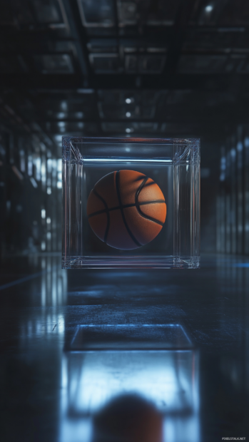 Basketball in transparent cube floating in void.