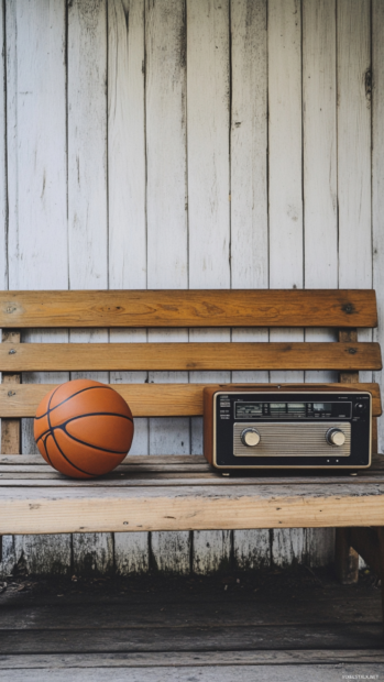 Basketball next to vintage radio on wooden bench.