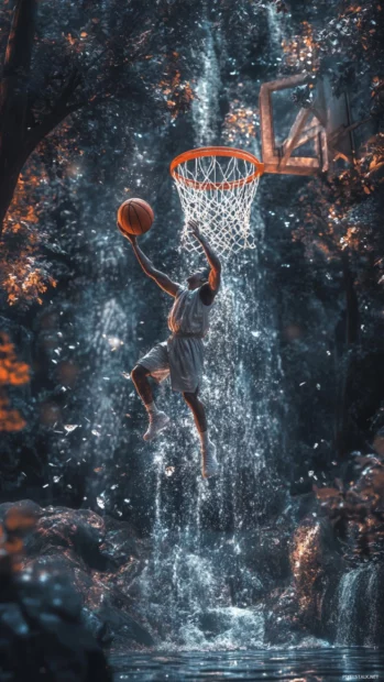 Basketball player dunking through a waterfall in an enchanted forest court.