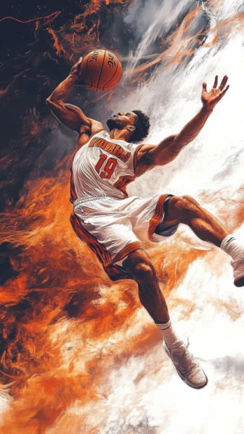 Basketball player in dynamic dunk pose, high detail, perfect for NBA superstar phone wallpapers.