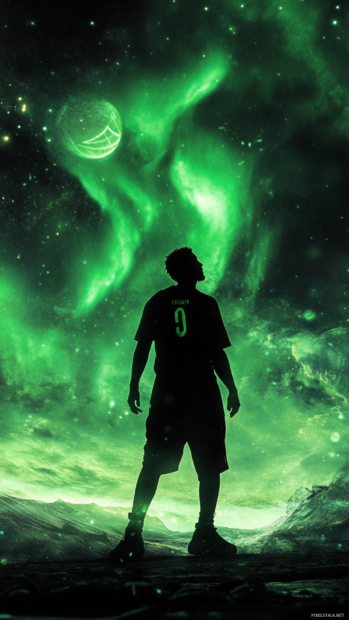 Basketball player silhouette glowing in aurora light.