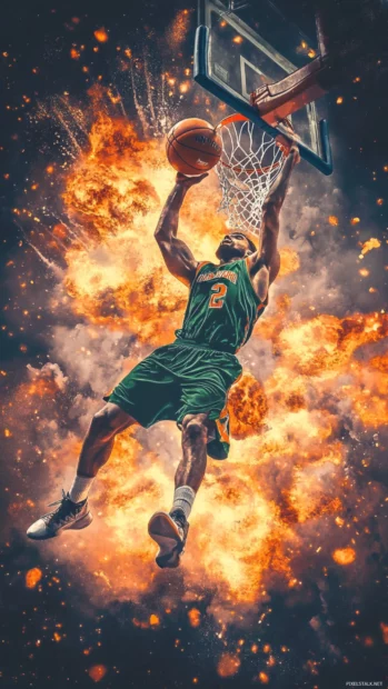 Basketball player slam dunk with stylized explosion in the background.