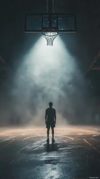 Basketball player stands in spotlight on misty rooftop court.