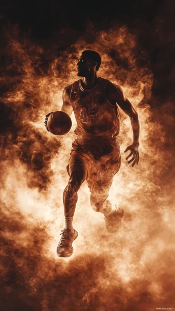 Basketball player wallpapers 4K with dramatic spotlight and smoke effects for an energetic feel.