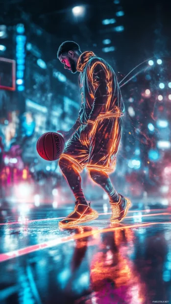 Basketball player wallpapers aesthetic with graffiti background and glowing neon court lines.