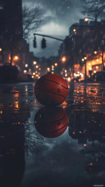 Basketball reflected in a puddle beneath flickering city lights.