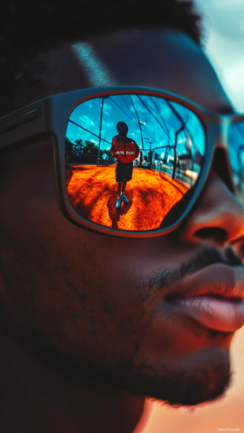 Basketball reflected in sunglasses of sitting athlete.