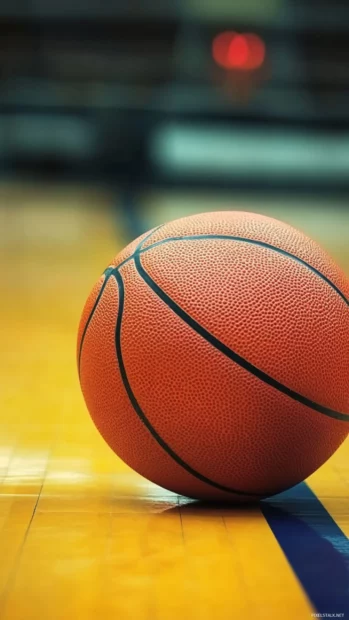 Basketball resting on court line with soft vintage grain filter.