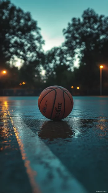 Basketball rolling slowly across glowing court lines at dusk.