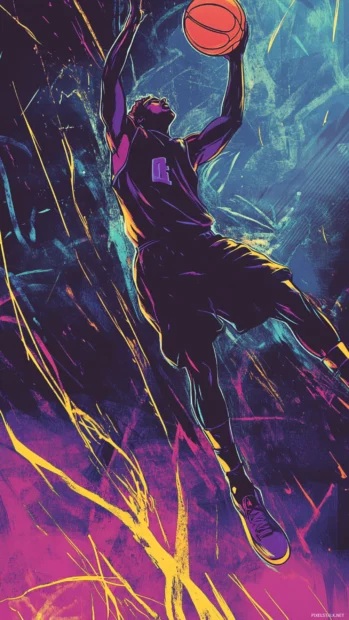 Basketball scene drawn in bold comic book style with energy lines.
