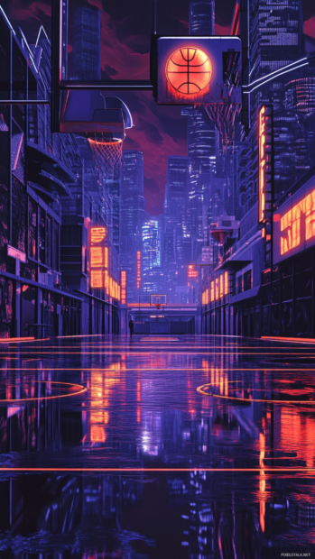 Basketball scene in cyberpunk city with reflections and neon signs.