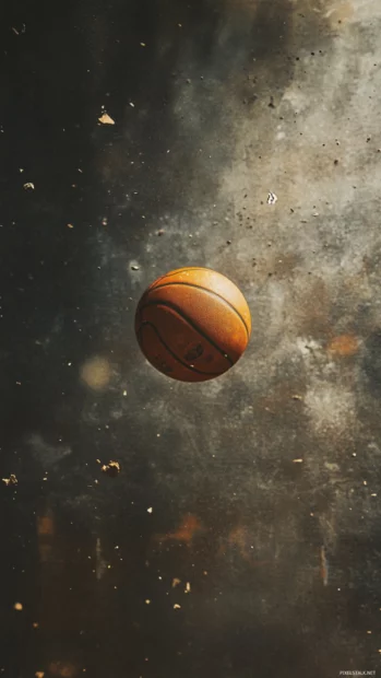 Basketball shot midair framed by dusky background and light leaks.