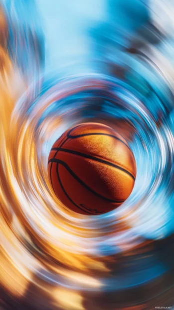 Basketball spinning in air against a blurred aesthetic background.