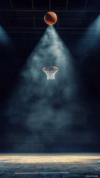 Basketball spinning in mid air under spotlight in dark arena.