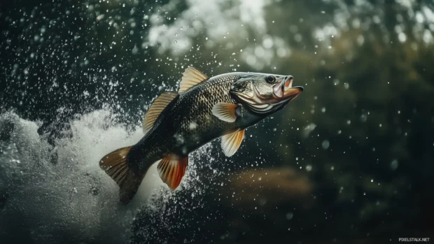 Bass fish action shot, striking bait mid air, water droplets, blurred forest background, dynamic scene.