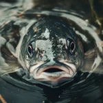 Bass fish close up, serene lake, gentle ripples reeds, strong jaw, intricate scale pattern capturing.