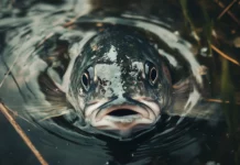 Bass fish close up, serene lake, gentle ripples reeds, strong jaw, intricate scale pattern capturing.