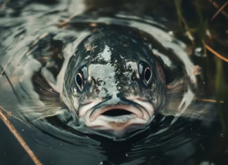 Bass fish close up, serene lake, gentle ripples reeds, strong jaw, intricate scale pattern capturing.