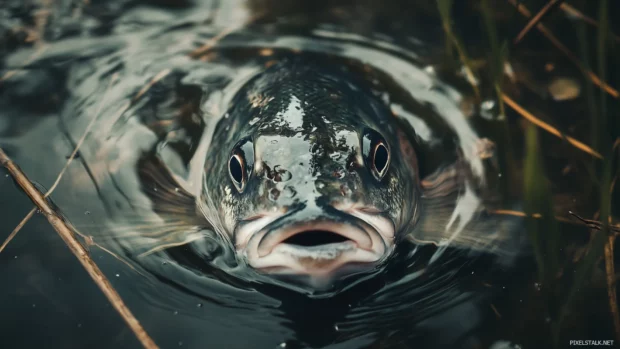 Bass fish close up, serene lake, gentle ripples reeds, strong jaw, intricate scale pattern capturing.