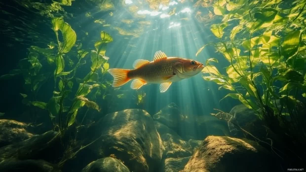 Bass fish, crystal clear stream, swimming underwater plants rocks, sunlight filtering.