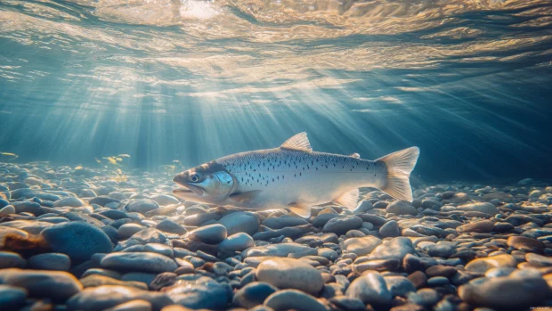 Bass fish resting near a rock bed at the bottom of a river, surrounded by pebbles and aquatic plants, sunlight trickling through the water.