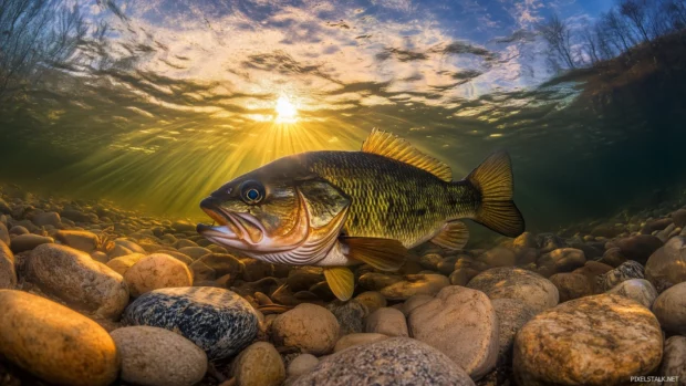 Bass fish resting, river bottom rock bed, pebbles aquatic plants, sunlight trickling.