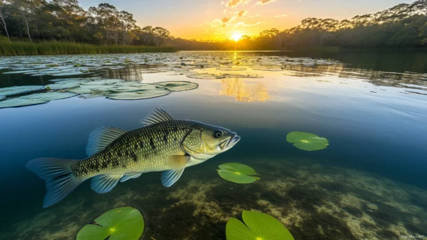 Bass fish swimming surface, clear lake, lily pads floating, golden sunset glow reflected water.