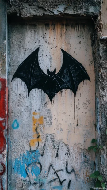 Bat creature leaping from crumbled graffiti signage in dusk.