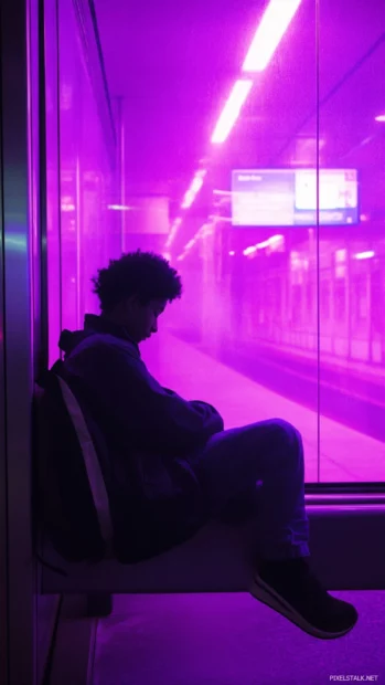 Bathed in purple light, the boy lounges on a metro bench lost in thought.