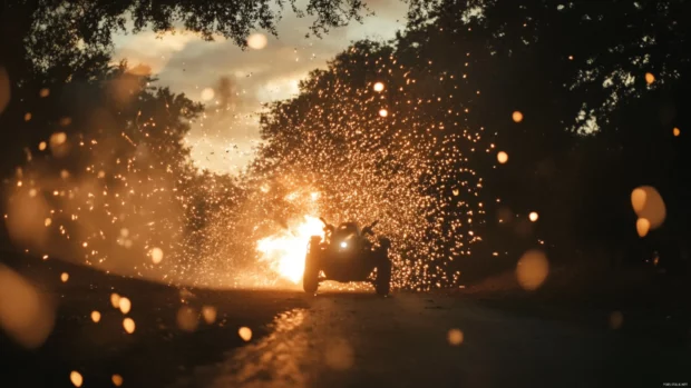 Bathed in twilight, Iron Man at Sunset as he ignites his boosters with sparks raining down.