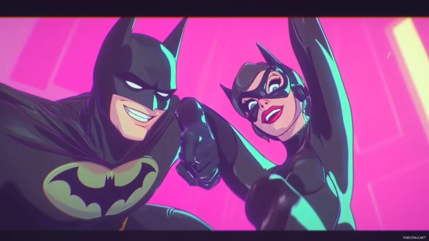 Batman and Catwoman playfully engaged in a friendly duel, with exaggerated expressions and cartoonish action lines.