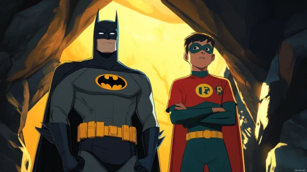 Batman and Robin standing in front of the Batcave entrance.