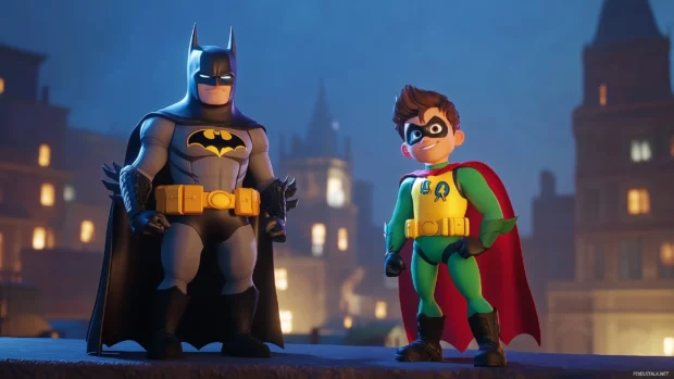 Batman and Robin striking a heroic pose on a rooftop, with Gotham City illuminated in the background, and playful comic book sound effects around them.