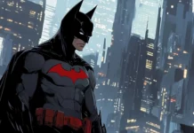 Batman beyond in futuristic city, suitable for sci fi Batman PC wallpapers.