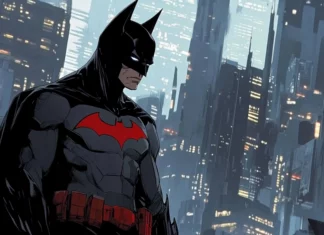 Batman beyond in futuristic city, suitable for sci fi Batman PC wallpapers.